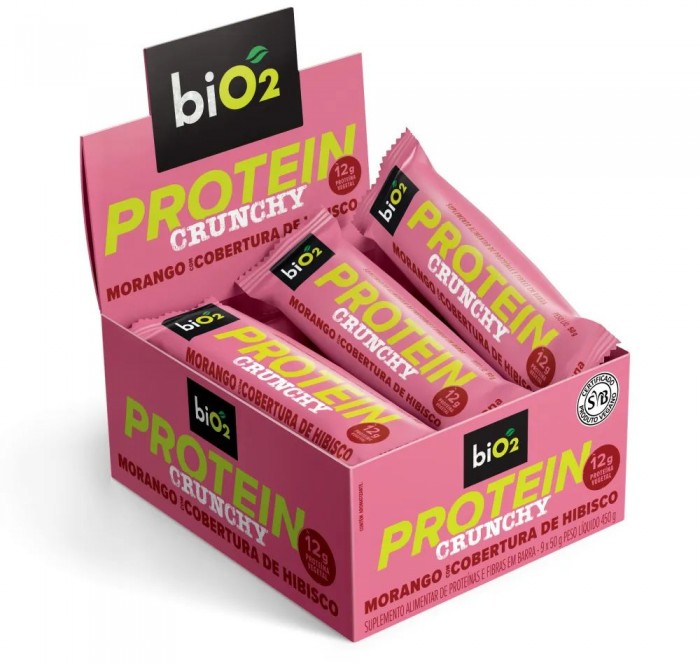 BARRA PROTEIN CRUNCHY MORANGO COM COBERTURA DE HIBISCO - 50G - BIO2