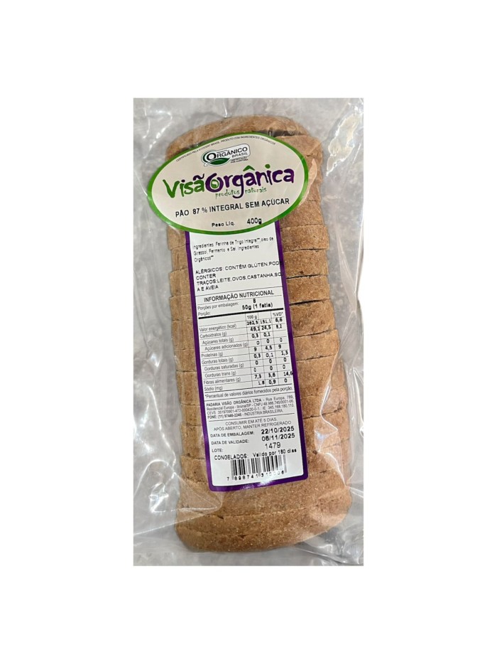 PÃO 87% INTEGRAL SEM AÇUCAR VISÃO ORGANICA 400GR